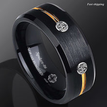 Load image into Gallery viewer, 8mm New Black Brushed Tungsten Ring Gold Grooved Line Diamond  Men Bridal Band
