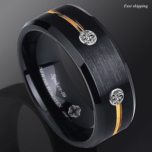 8mm New Black Brushed Tungsten Ring Gold Grooved Line Diamond  Men Bridal Band