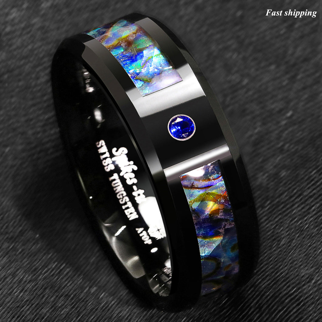 8/6mm Black Tungsten Ring Blue Diamond Colored glaze Inlay  Men's Jewelry