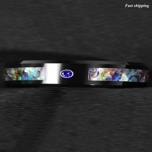 8/6mm Black Tungsten Ring Blue Diamond Colored glaze Inlay  Men's Jewelry