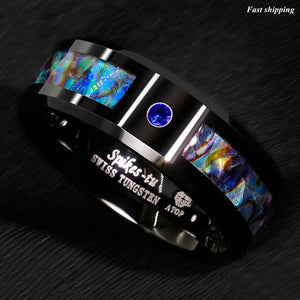 8/6mm Black Tungsten Ring Blue Diamond Colored glaze Inlay  Men's Jewelry