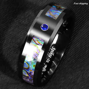 8/6mm Black Tungsten Ring Blue Diamond Colored glaze Inlay  Men's Jewelry