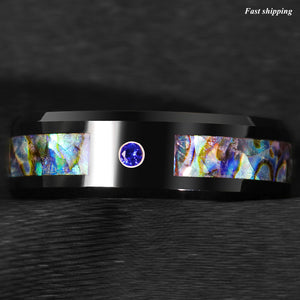 8/6mm Black Tungsten Ring Blue Diamond Colored glaze Inlay  Men's Jewelry