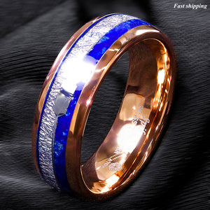 8/6mm Rose Gold Tungsten Ring Lasurite Fine Silver Arrow  Mens Wedding Band