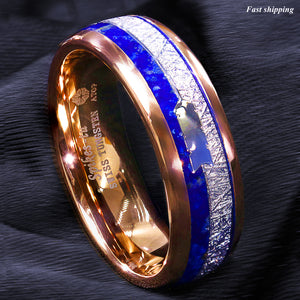 8/6mm Rose Gold Tungsten Ring Lasurite Fine Silver Arrow  Mens Wedding Band