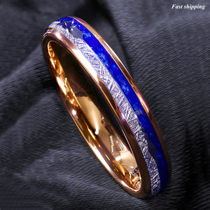 8/6mm Rose Gold Tungsten Ring Lasurite Fine Silver Arrow  Mens Wedding Band