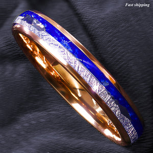 8/6mm Rose Gold Tungsten Ring Lasurite Fine Silver Arrow  Mens Wedding Band