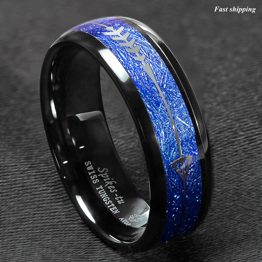 8mm Dome Black Multidimensional Blue Tungsten Ring Bridal Band