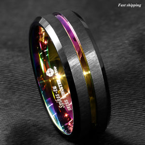 8/6mm Black Brushed Tungsten Carbide Ring Rainbow Line Wedding Band