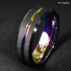 8/6mm Black Brushed Tungsten Carbide Ring Rainbow Line Wedding Band