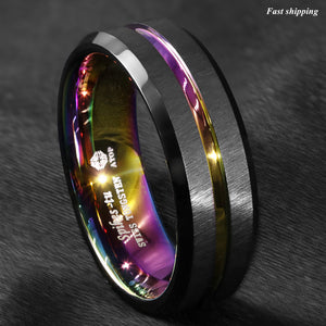 8/6mm Black Brushed Tungsten Carbide Ring Rainbow Line Wedding Band