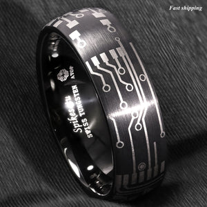 8mm Dome Brushed Black Tungsten Carbide Ring Laser Circuit Board  Men Jewelry