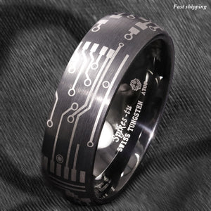 8mm Dome Brushed Black Tungsten Carbide Ring Laser Circuit Board  Men Jewelry