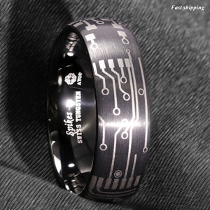 8mm Dome Brushed Black Tungsten Carbide Ring Laser Circuit Board  Men Jewelry