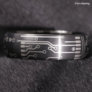 8mm Dome Brushed Black Tungsten Carbide Ring Laser Circuit Board  Men Jewelry