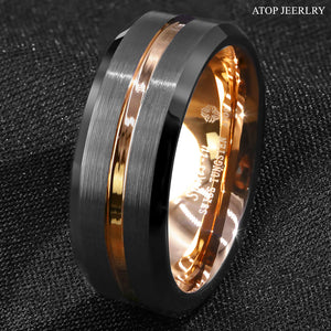 8mm Black Brushed Rose Gold Tungsten Carbide Ring  Men Wedding Band Jewelry