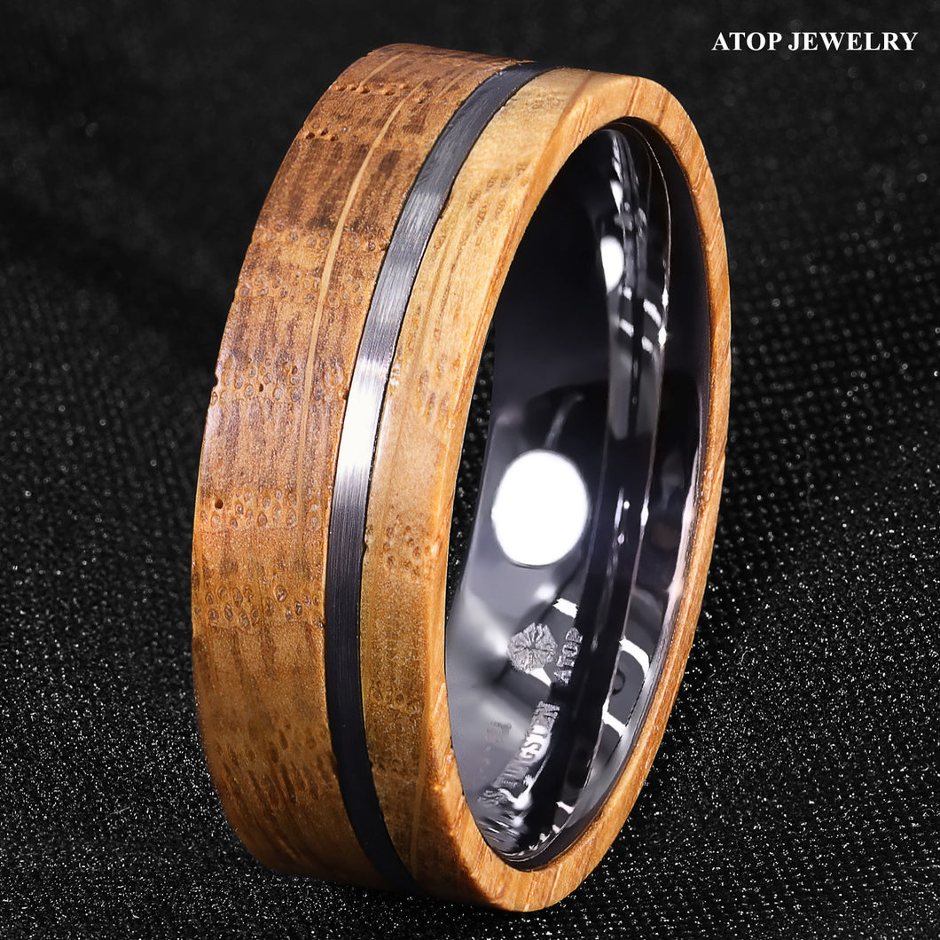 8mm Tungsten Ring With Whiskey Barrel Wood Brushed Stripe  Men Wedding Ring