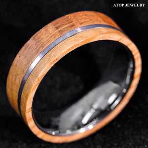 8mm Tungsten Ring With Whiskey Barrel Wood Brushed Stripe  Men Wedding Ring