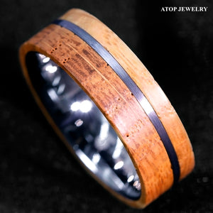 8mm Tungsten Ring With Whiskey Barrel Wood Brushed Stripe  Men Wedding Ring