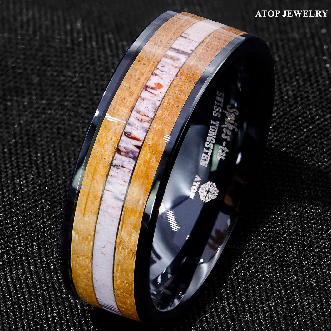 8mm Tungsten Ring Wedding Band Deer Antler and Whiskey Barrel Wood