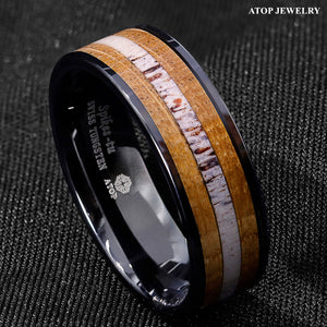 8mm Tungsten Ring Wedding Band Deer Antler and Whiskey Barrel Wood