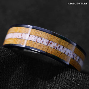 8mm Tungsten Ring Wedding Band Deer Antler and Whiskey Barrel Wood