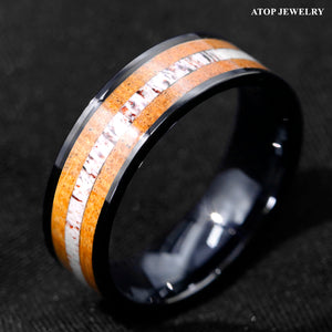 8mm Tungsten Ring Wedding Band Deer Antler and Whiskey Barrel Wood