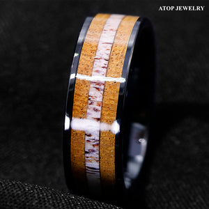 8mm Tungsten Ring Wedding Band Deer Antler and Whiskey Barrel Wood