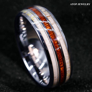 8mm Silver Tungsten Ring With Deer Antler Koa Wood Men Wedding Band