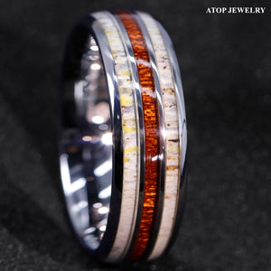 8mm Silver Tungsten Ring With Deer Antler Koa Wood Men Wedding Band