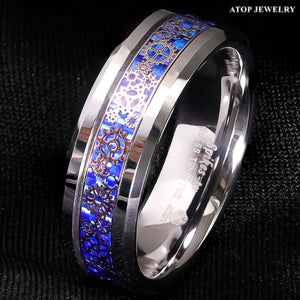 8mm Tungsten Ring  Wedding Band Steampunk Clockwork Gears Blue Carbon Fiber