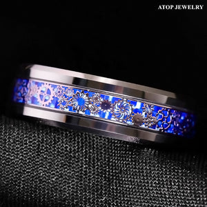 8mm Tungsten Ring  Wedding Band Steampunk Clockwork Gears Blue Carbon Fiber