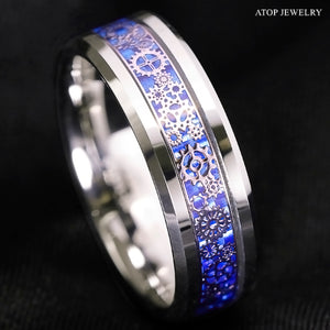 8mm Tungsten Ring  Wedding Band Steampunk Clockwork Gears Blue Carbon Fiber