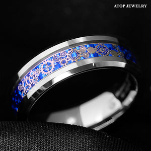 8mm Tungsten Ring  Wedding Band Steampunk Clockwork Gears Blue Carbon Fiber