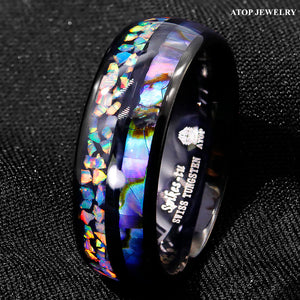 8mm Black Tungsten Ring Hawaiian Opal and Abalone Inlay Men  Wedding Band