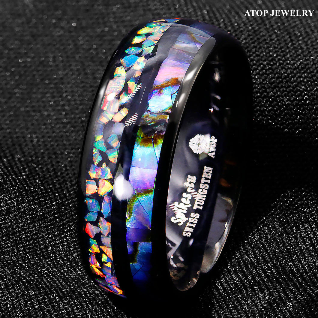 8mm Black Tungsten Ring Hawaiian Opal and Abalone Inlay Men  Wedding Band