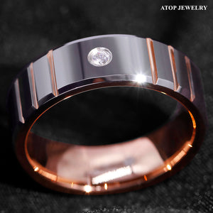 8mm Polish Silver Rose Gold Tungsten Ring Diamond Men Wedding ring