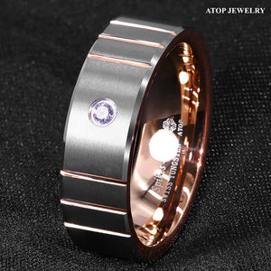 8mm Brushed Silver Rose Gold Tungsten Ring Diamond Men Wedding ring