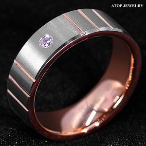 8mm Brushed Silver Rose Gold Tungsten Ring Diamond Men Wedding ring