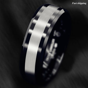 8mm Tungsten Carbide Ring Classic Black Silver Brushed Wedding Band