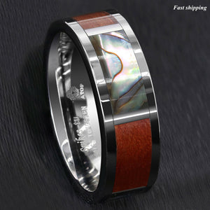 8mm Silver Tungsten Ring Koa Wood Abalone Inlay  Wedding Band Men's Jewelry