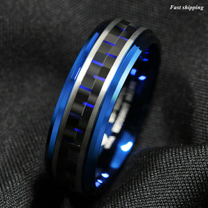 8mm Blue Tungsten Ring Black and Blue Carbon Fiber Wedding Band  Men jewelry