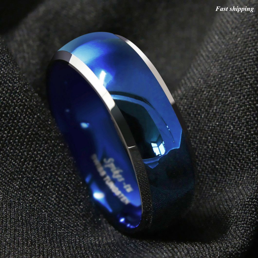 8mm Men's Tungsten Ring Blue Domed with Beveled Silver Edges Band