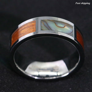 8mm Silver Tungsten Ring Koa Wood Abalone Inlay  Wedding Band Men's Jewelry