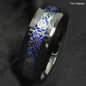 8mm Blue Black Silvering Celtic Dragon Tungsten Carbide Ring  Men's Jewelry