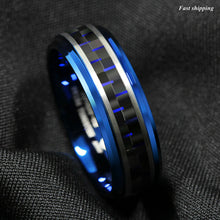 Load image into Gallery viewer, 8mm Blue Tungsten Ring Black and Blue Carbon Fiber Wedding Band  Men jewelry
