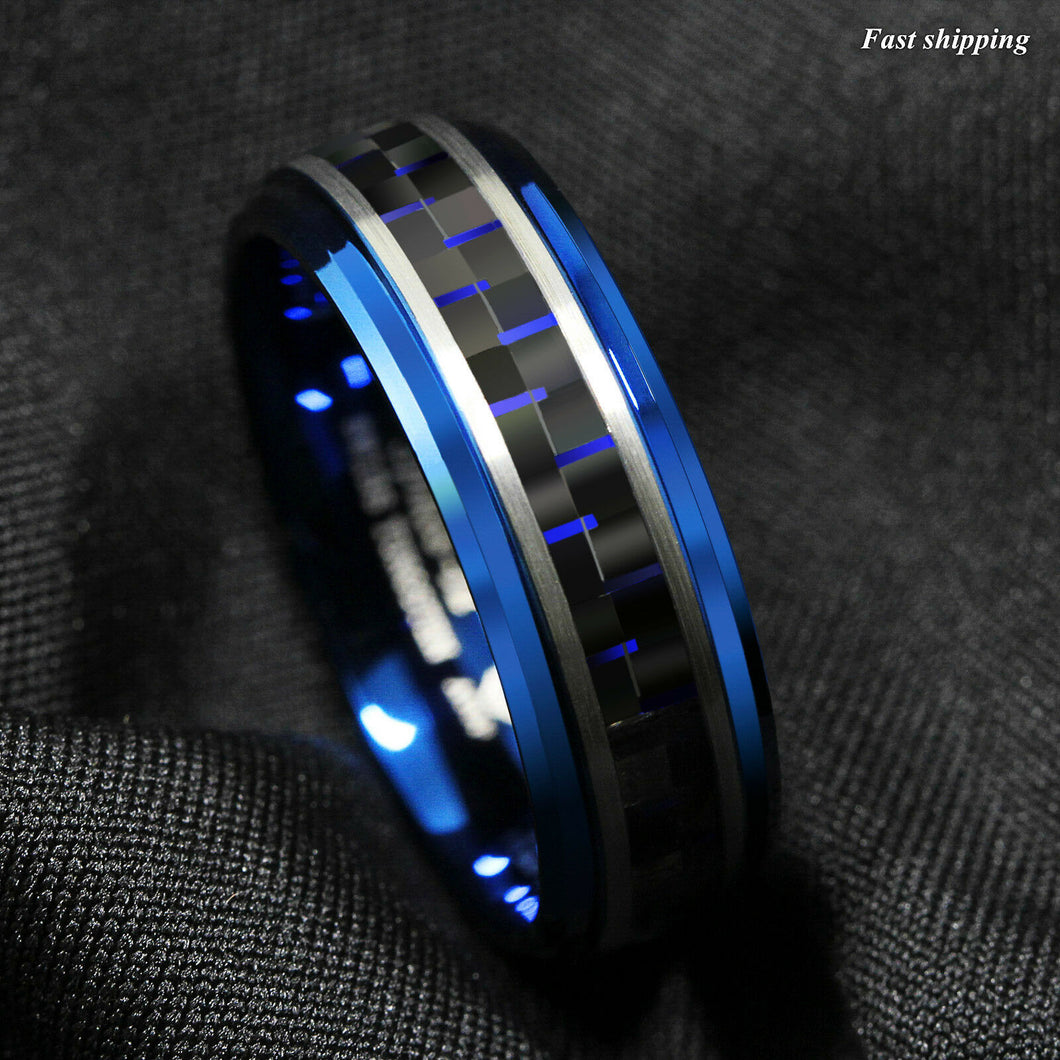 8mm Blue Tungsten Ring Black and Blue Carbon Fiber Wedding Band  Men jewelry