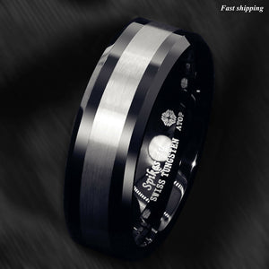 8mm Tungsten Carbide Ring Classic Black Silver Brushed Wedding Band