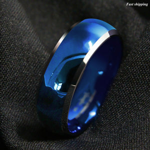 8mm Men's Tungsten Ring Blue Domed with Beveled Silver Edges Band
