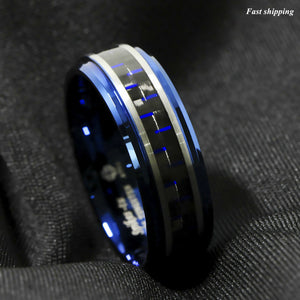 8mm Blue Tungsten Ring Black and Blue Carbon Fiber Wedding Band  Men jewelry